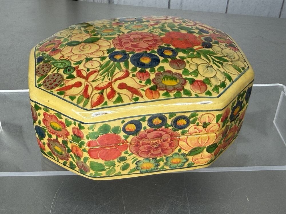 Vintage Floral Hand Painted Kashmiri Lacquered Paper Mache Trinket Box Colorful